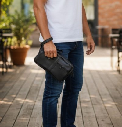 Menšia kožená čierna taška do ruky Unisex 0899