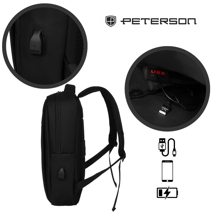 Veľký cestovný čierny ruksak s USB PETERSON P32 – Obrázok 6